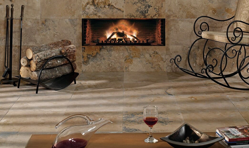 antique travertine filled and honed fire place