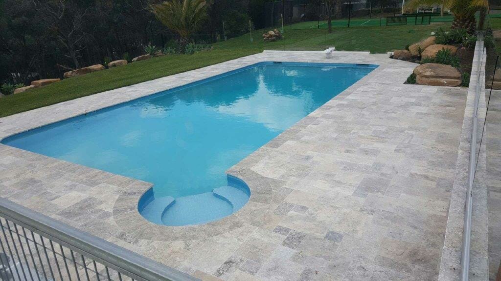 silver travertine unfilled and tumbled pool pavers french pattern and pool coping tiles